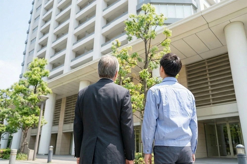 コンストラクションマネージャーと施主の後ろ姿　建物　企画